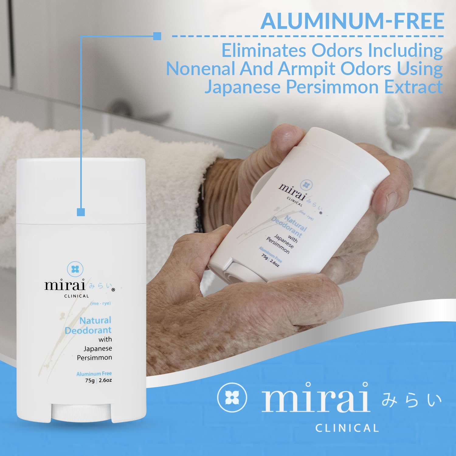 Applying Mirai deodorant underarm for all-day freshness.