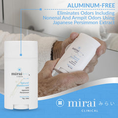 Applying Mirai deodorant underarm for all-day freshness.
