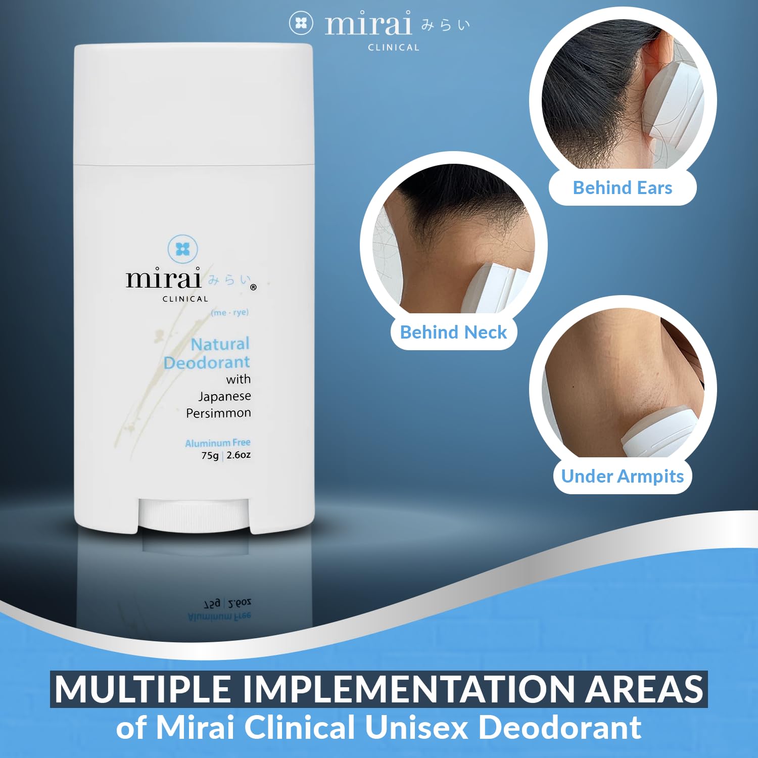 Mirai full-body use shown for odor-prone areas.