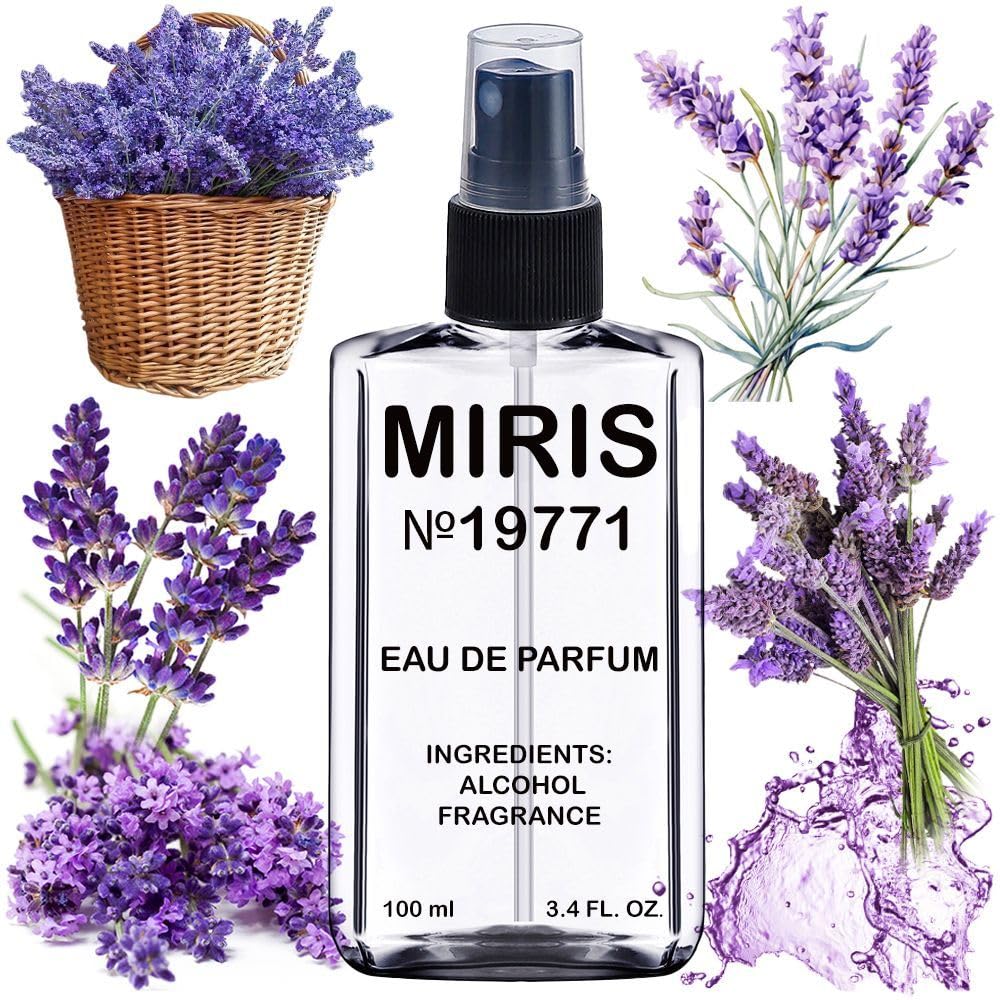 MIRIS Lavender Breeze bottle on vanity showcases elegant design and lasting fragrance.
