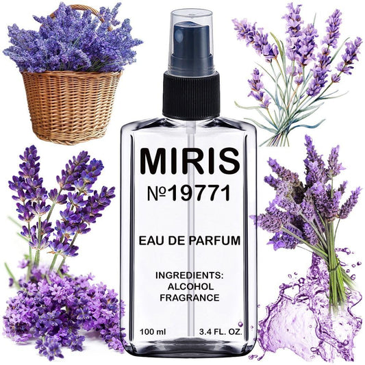 MIRIS Lavender Breeze bottle on vanity showcases elegant design and lasting fragrance.