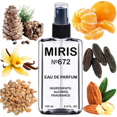MIRIS No. 672 bottle-front showcases a sleek woody-oriental fragrance for men.