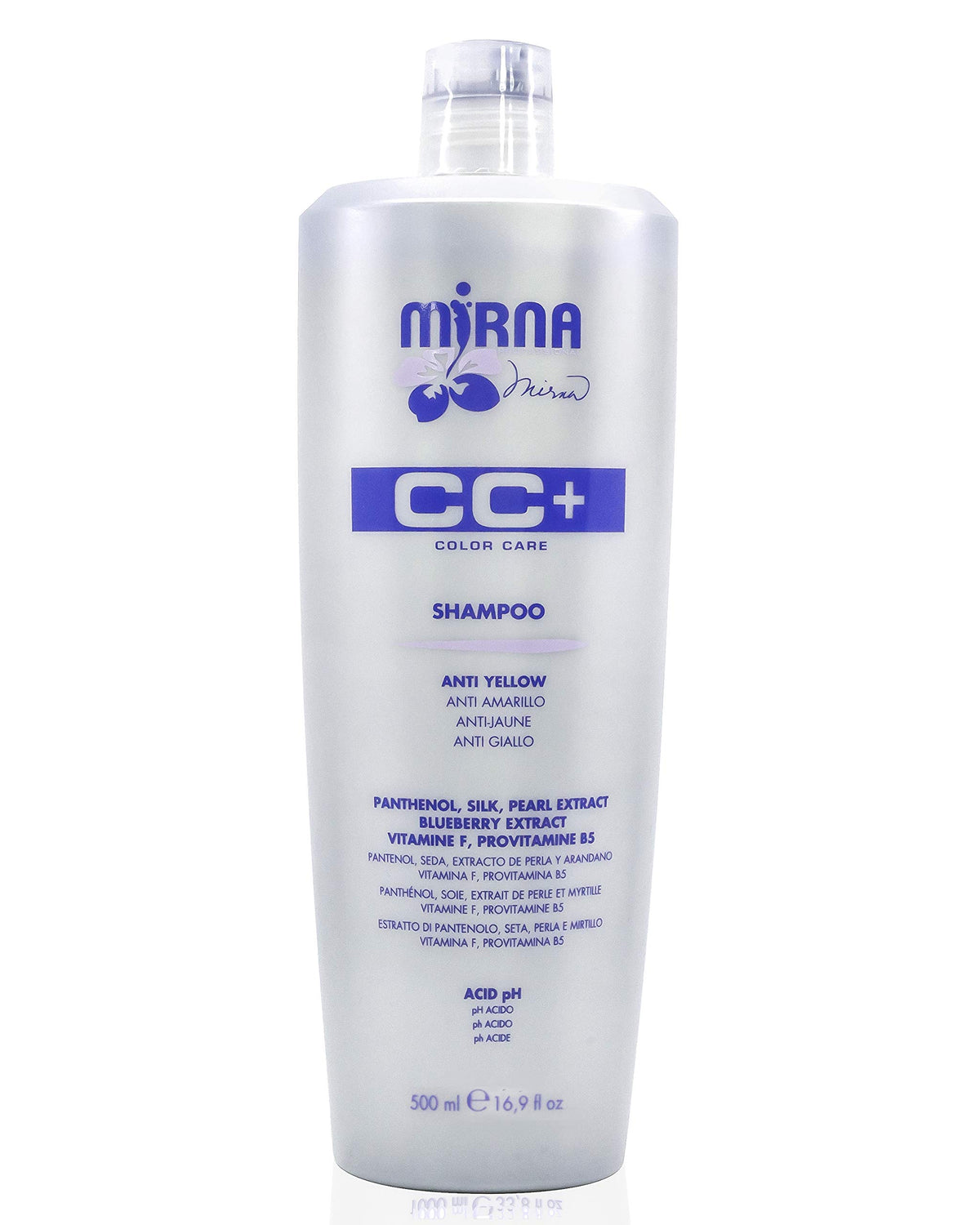 Mirna Professional Color Care NO Yellow Shampoo bottle highlights its delicate pH formula for color-treated hair.