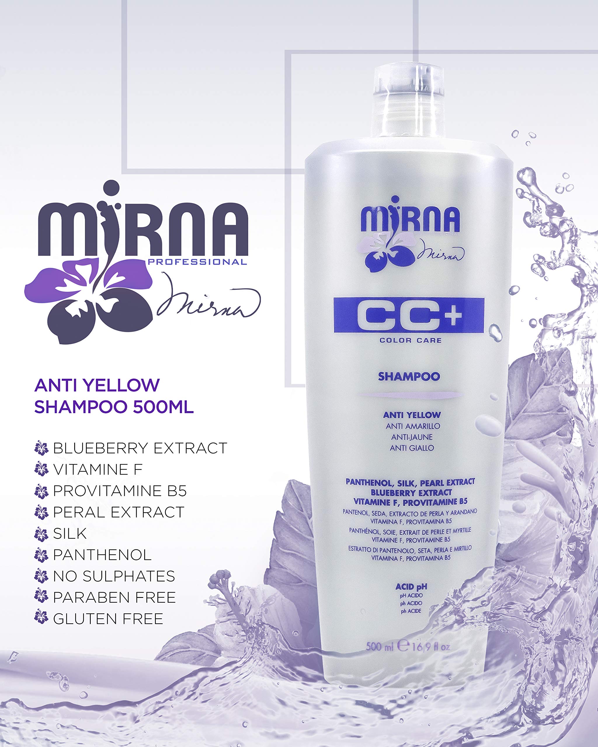 Mirna Professional Color Care NO Yellow Shampoo ingredients panel shows Panthenol and silk benefits for softness.
