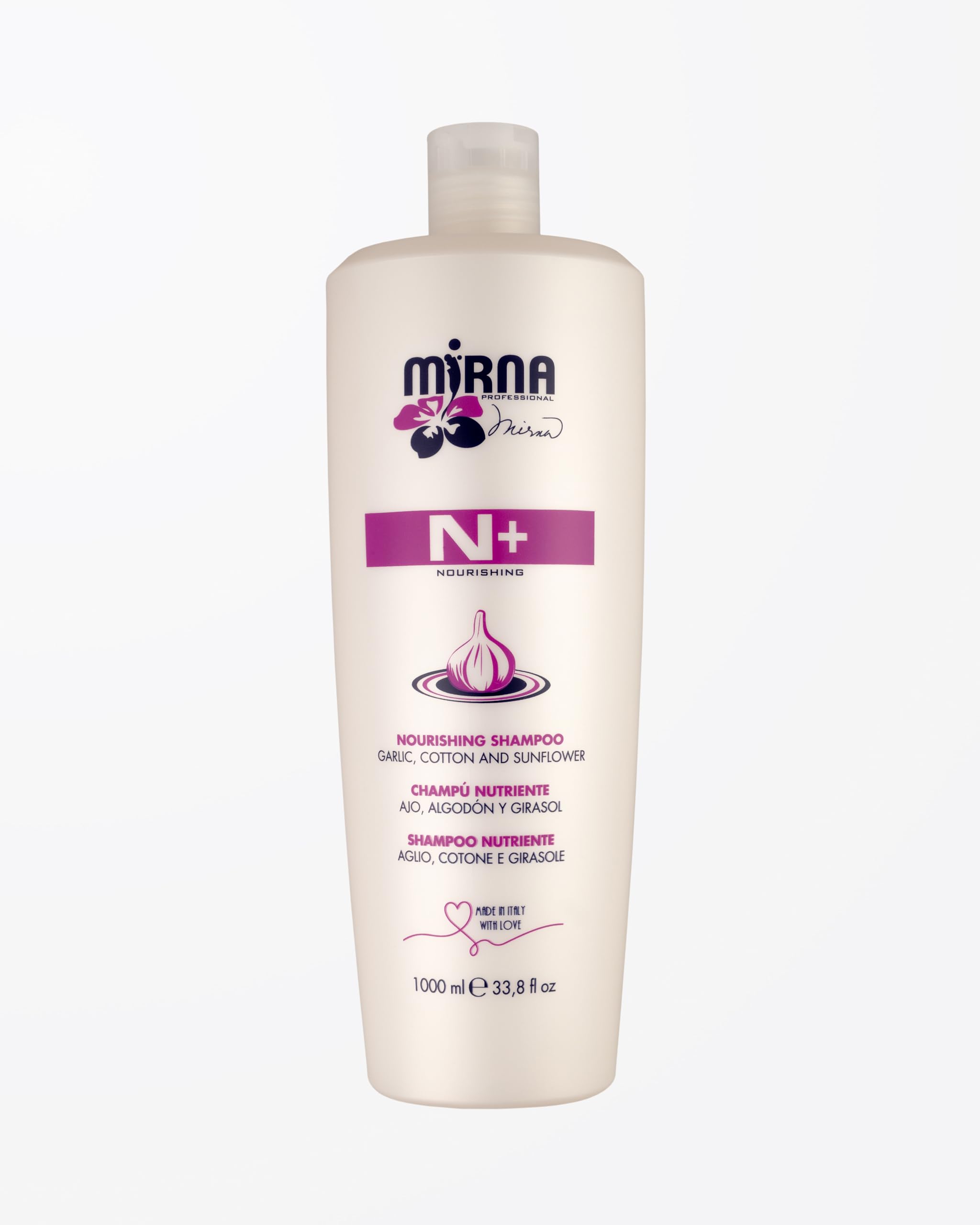 Mirna Professional Nourishing Garlic Shampoo bottle for dry, frizzy hair.