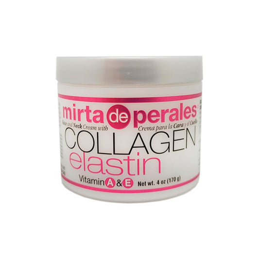 Closeup of Mirta de Perales collagen-elastin cream jar highlighting rich texture.
