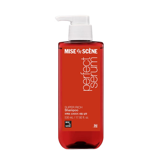 Mise En Scene shampoo bottle shows nourishing formula for damaged hair.