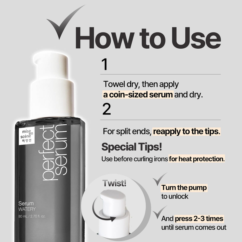 Mise En Scene Perfect Serum Watery argan oil blend nourishes fine strands