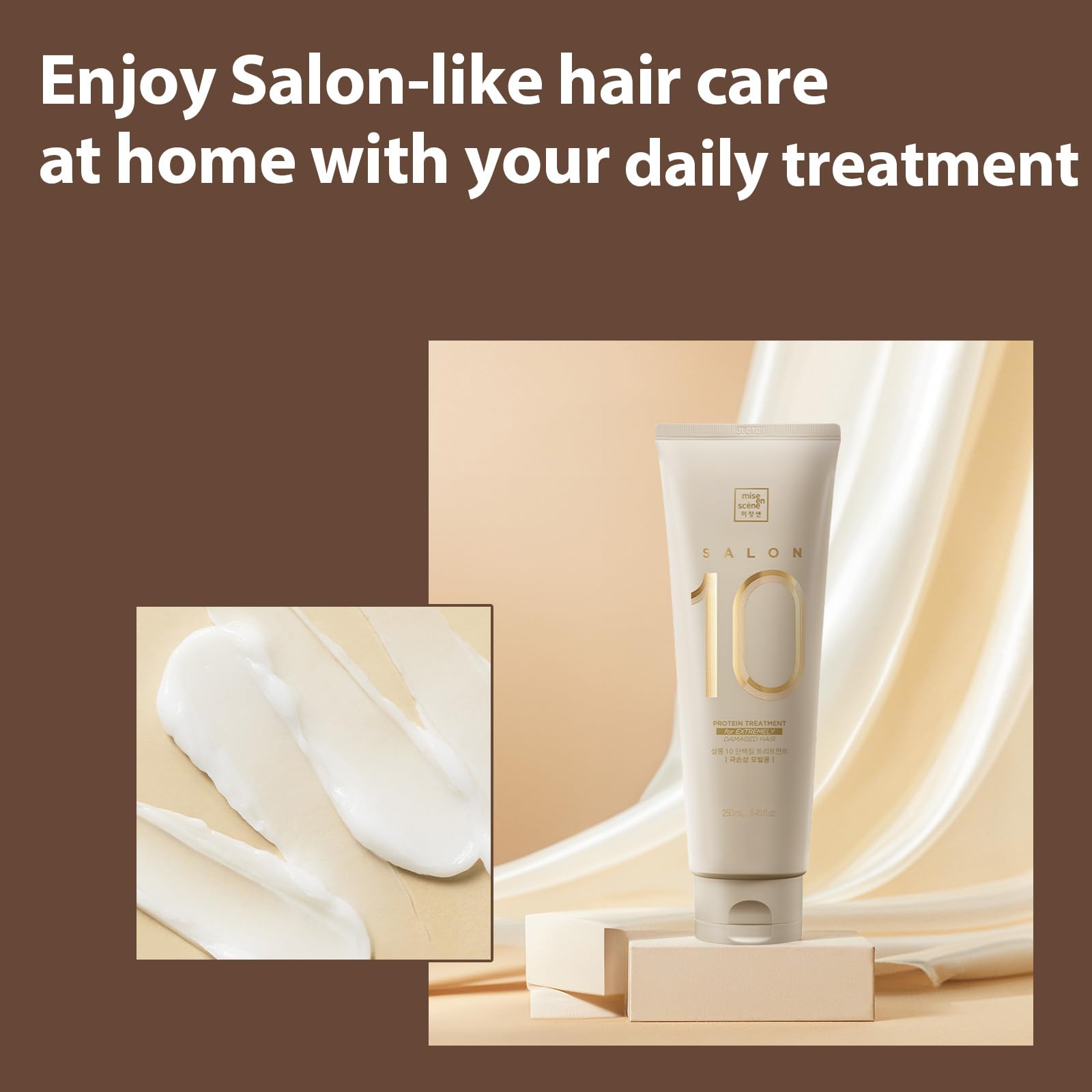 Mise En Scene Salon 10-second repair action illustrates rapid treatment.