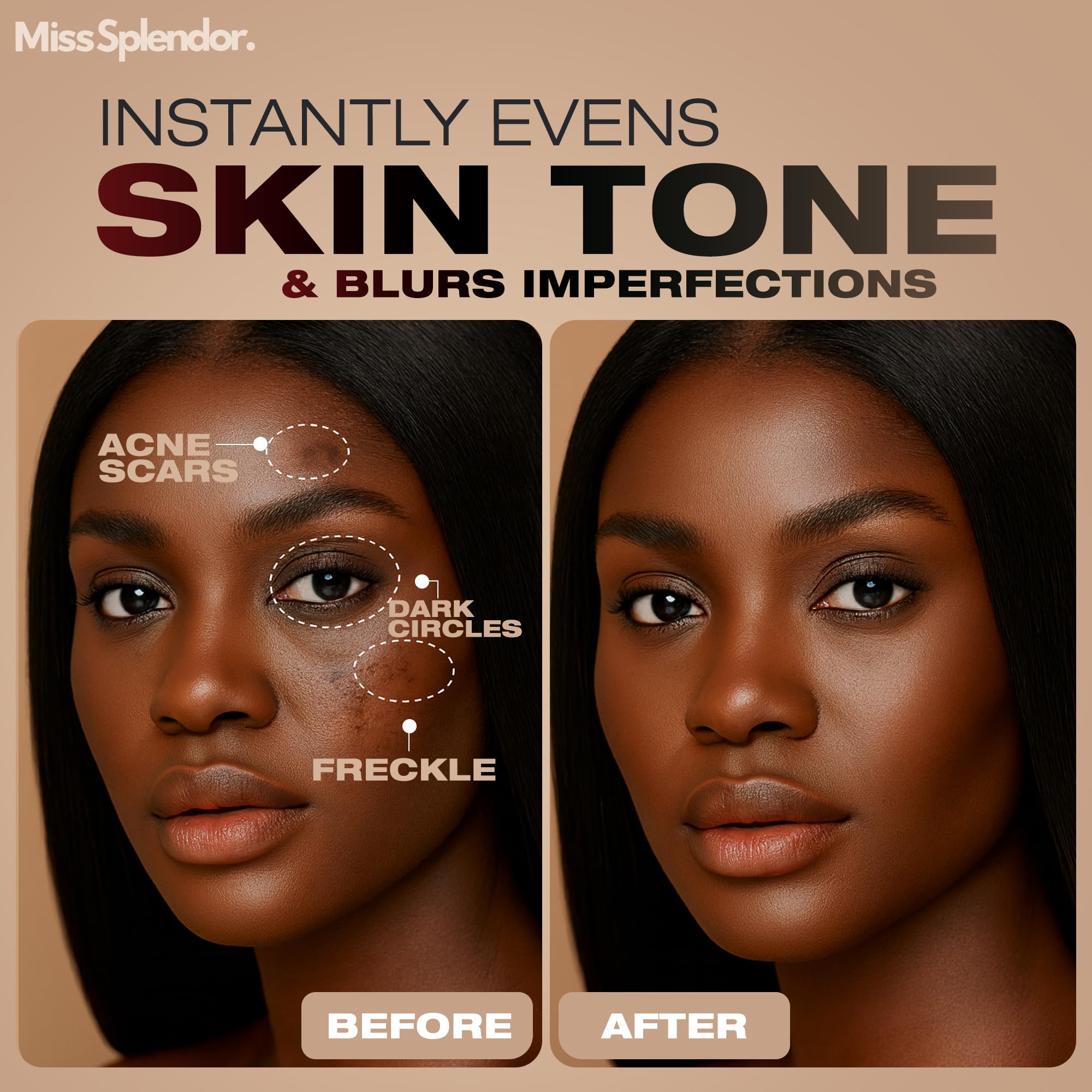 Miss Splendor Beauty Balm Skin Tint embossed packaging signals premium, travel-friendly design.