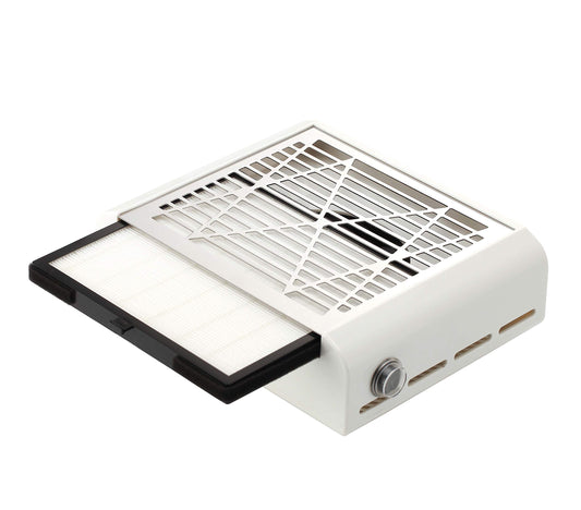 Miss Sweet electric nail dust collector during manicure reduces dust for a cleaner workspace.