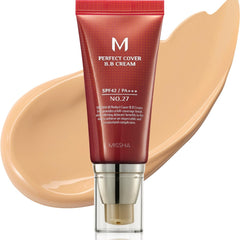 MISSHA M Perfect Cover BB Cream No.27 Honey Beige swatch shows natural, buildable coverage.