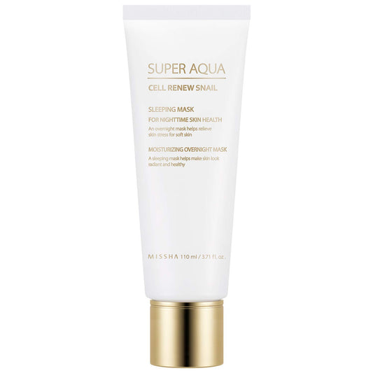MISSHA Super Aqua Cell Renew Snail Sleeping Mask bottle promotes overnight hydration for refreshed skin.