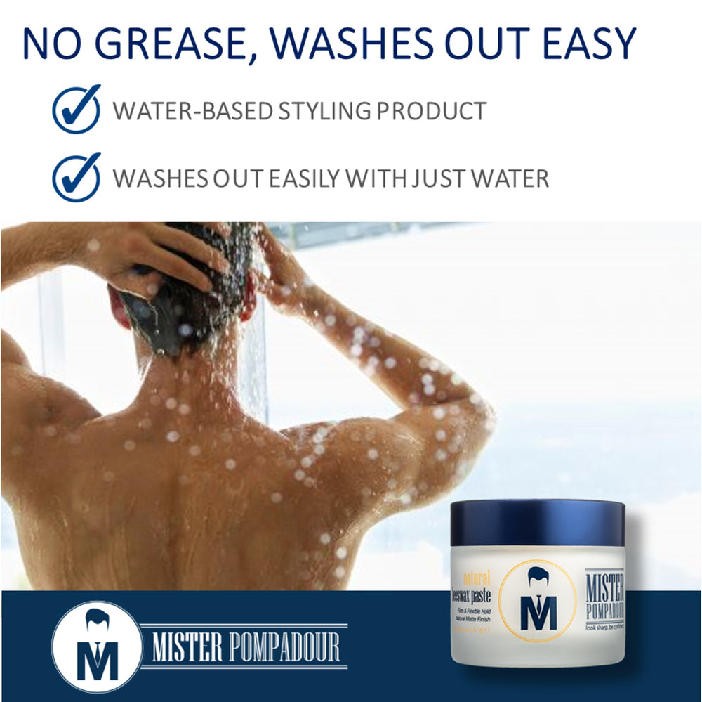 Mister Pompadour paste demonstrates easy wash-out after styling.