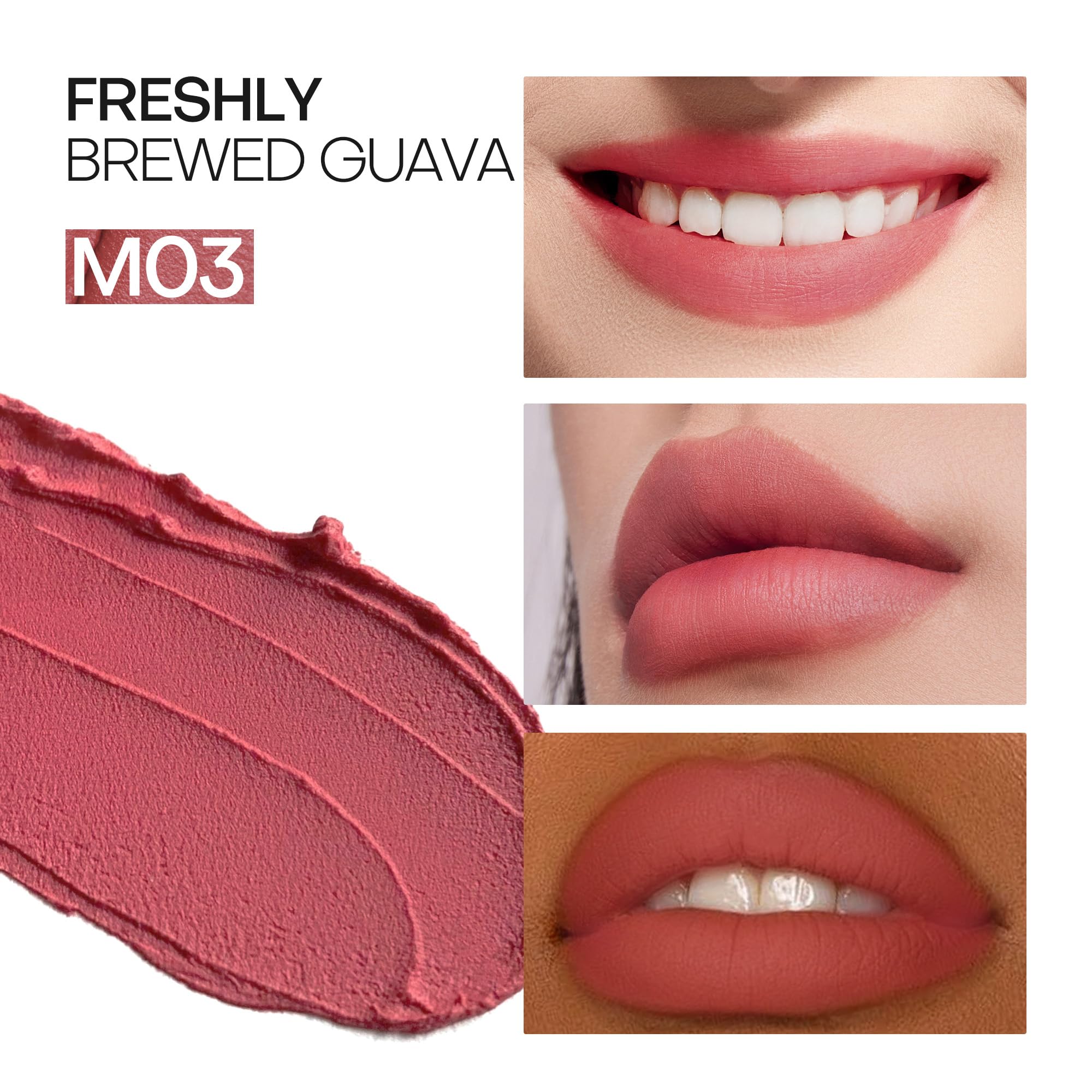 Swatch on lips demonstrates long-lasting color with breathable feel
