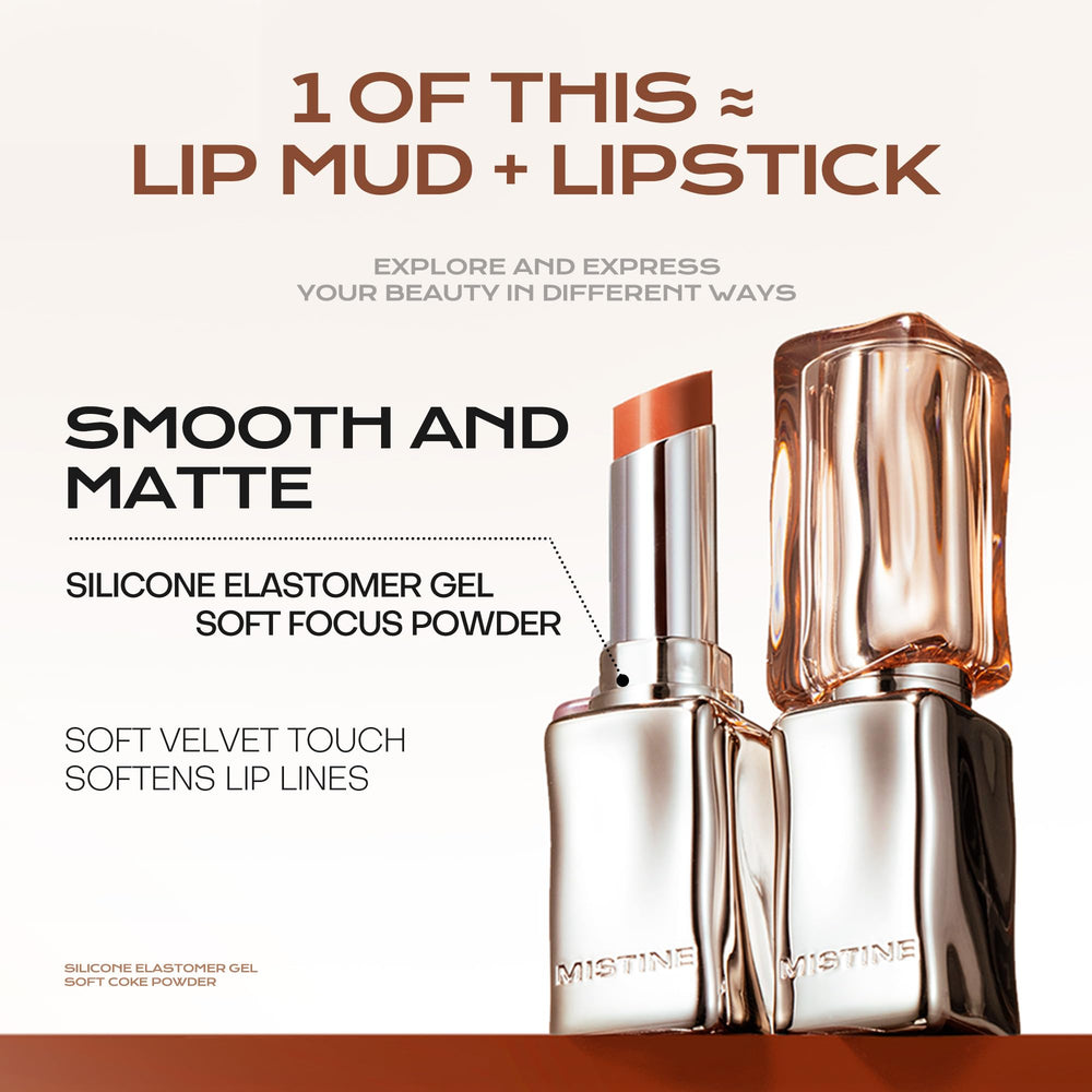 Mistine Thai Latte Lipstick demonstrates color-locking formula on swatch for longevity.
