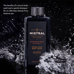 Mistral 2-in-1 bath gel bottle illustrating convenient head-to-toe cleansing.