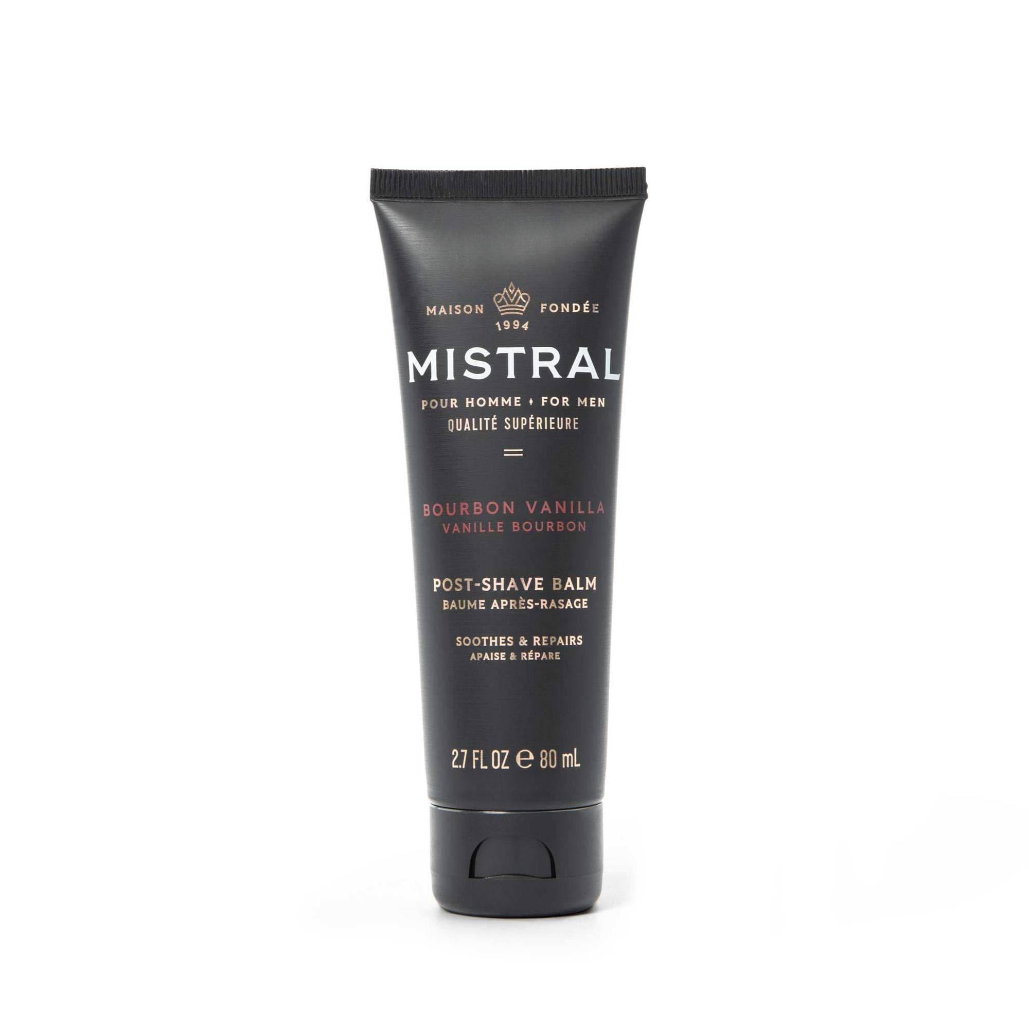 Mistral Bourbon Vanilla balm bottle front showing premium packaging for hydration after shave.