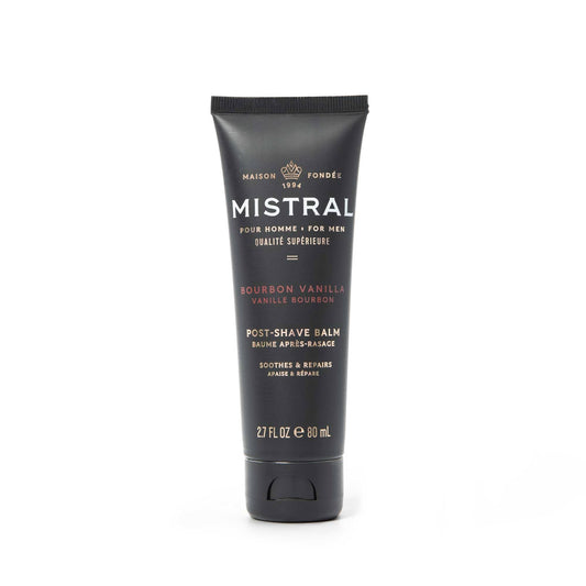 Mistral Bourbon Vanilla balm bottle front showing premium packaging for hydration after shave.