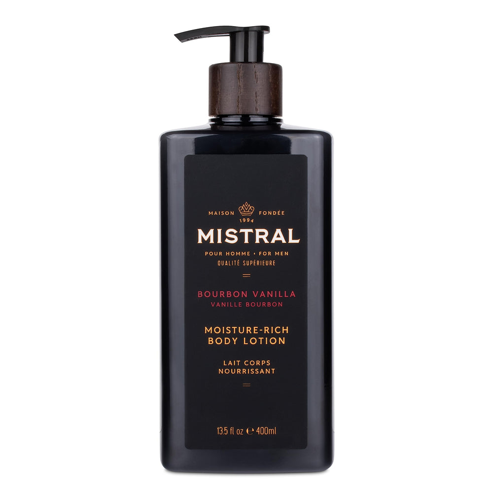 Mistral Bourbon Vanilla Lotion bottle for daily moisture and masculine scent.