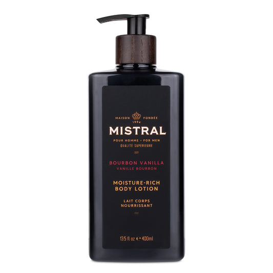 Mistral Bourbon Vanilla Lotion bottle for daily moisture and masculine scent.