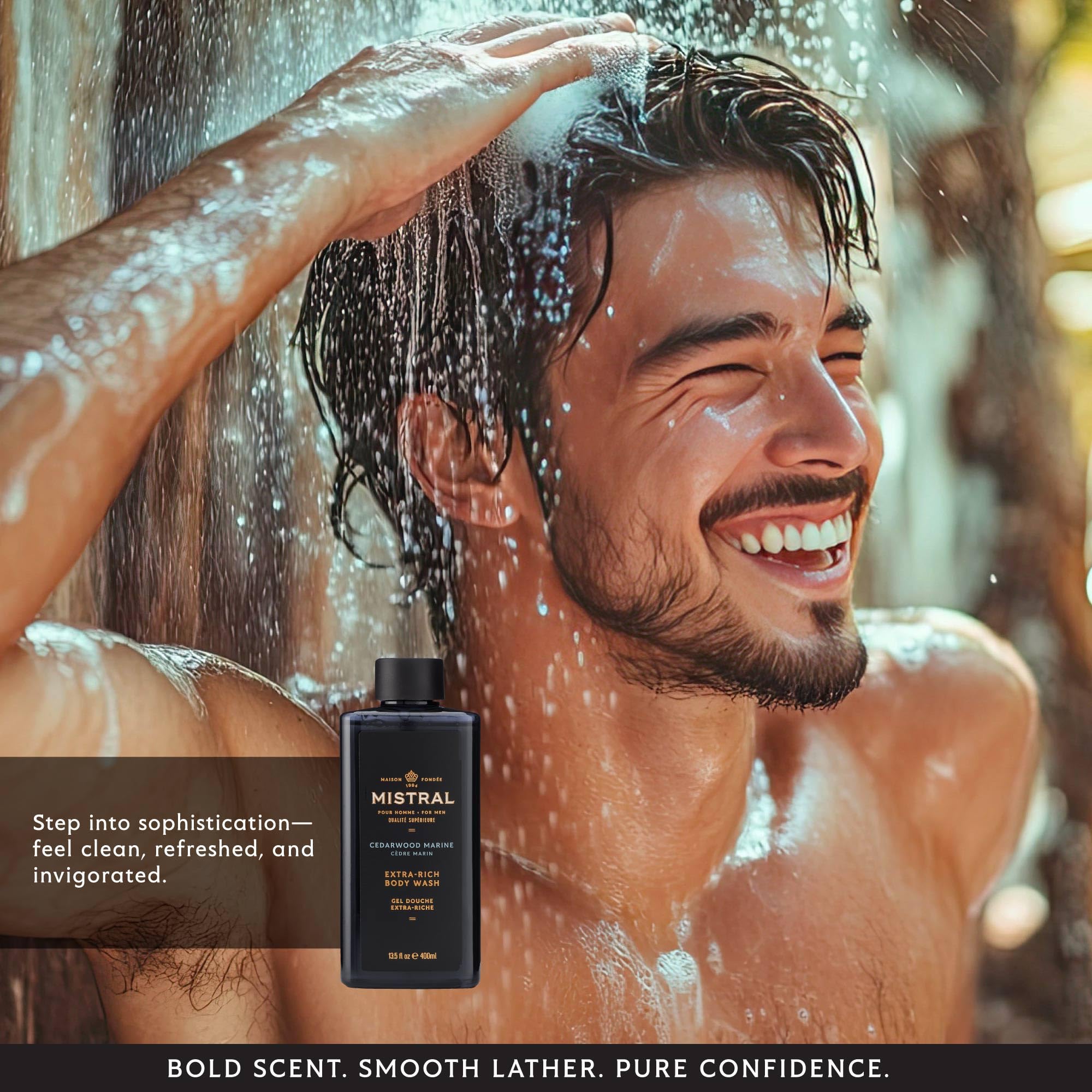 Mistral Cedarwood Marine bottle showcases moisturizing shower gel for skin hydration.
