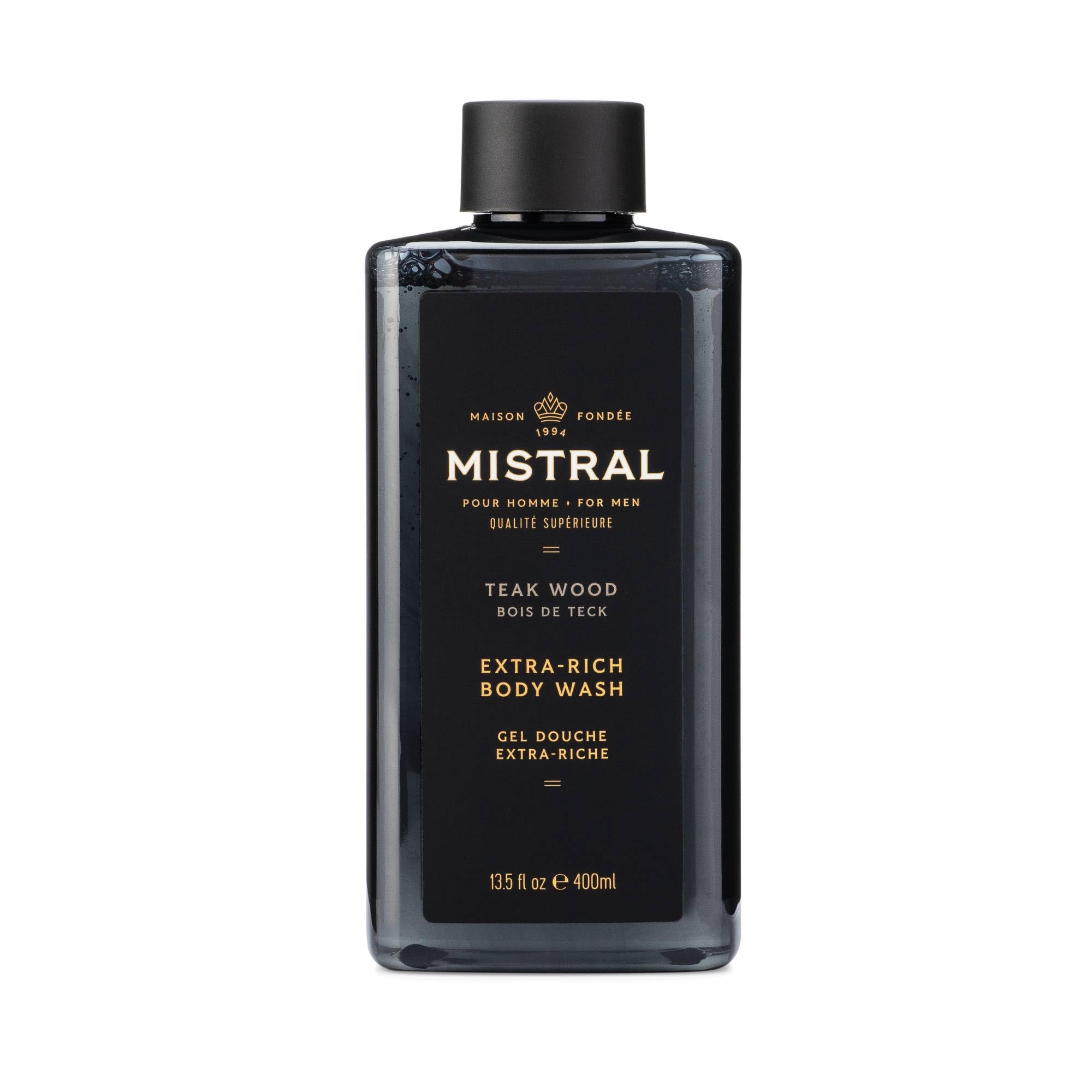 Mistral Teakwood 2-in-1 bottle front view with lasting aroma for daily grooming.