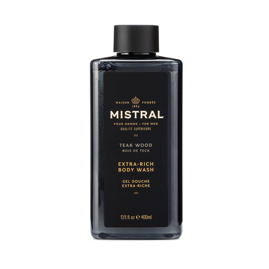 Mistral Teakwood 2-in-1 bottle front view with lasting aroma for daily grooming.