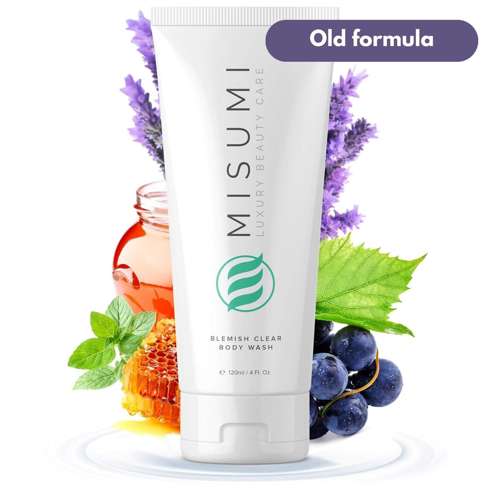 MISUMI Acne Body Wash label close-up showing key ingredients.