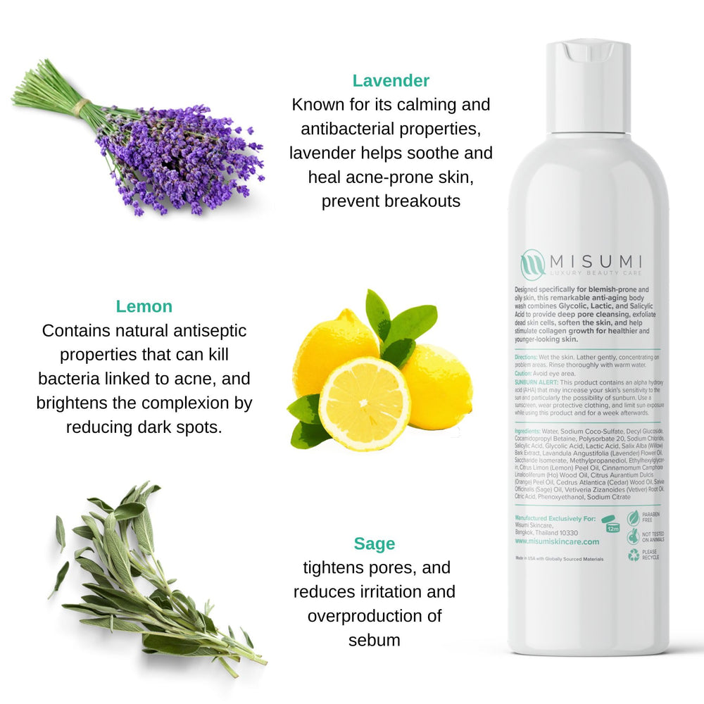 MISUMI Acne Body Wash on shoulders for smoother, oil-reduced skin.
