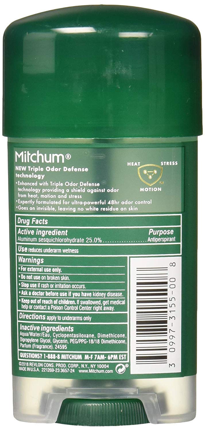 Mitchum Clear Gel Unscented bottle side showing smooth, fast-drying formula.