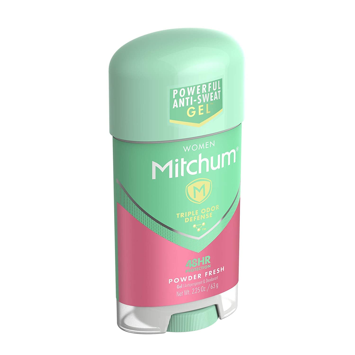 Mitchum Gel Deodorant label close-up highlighting Powder Fresh scent.