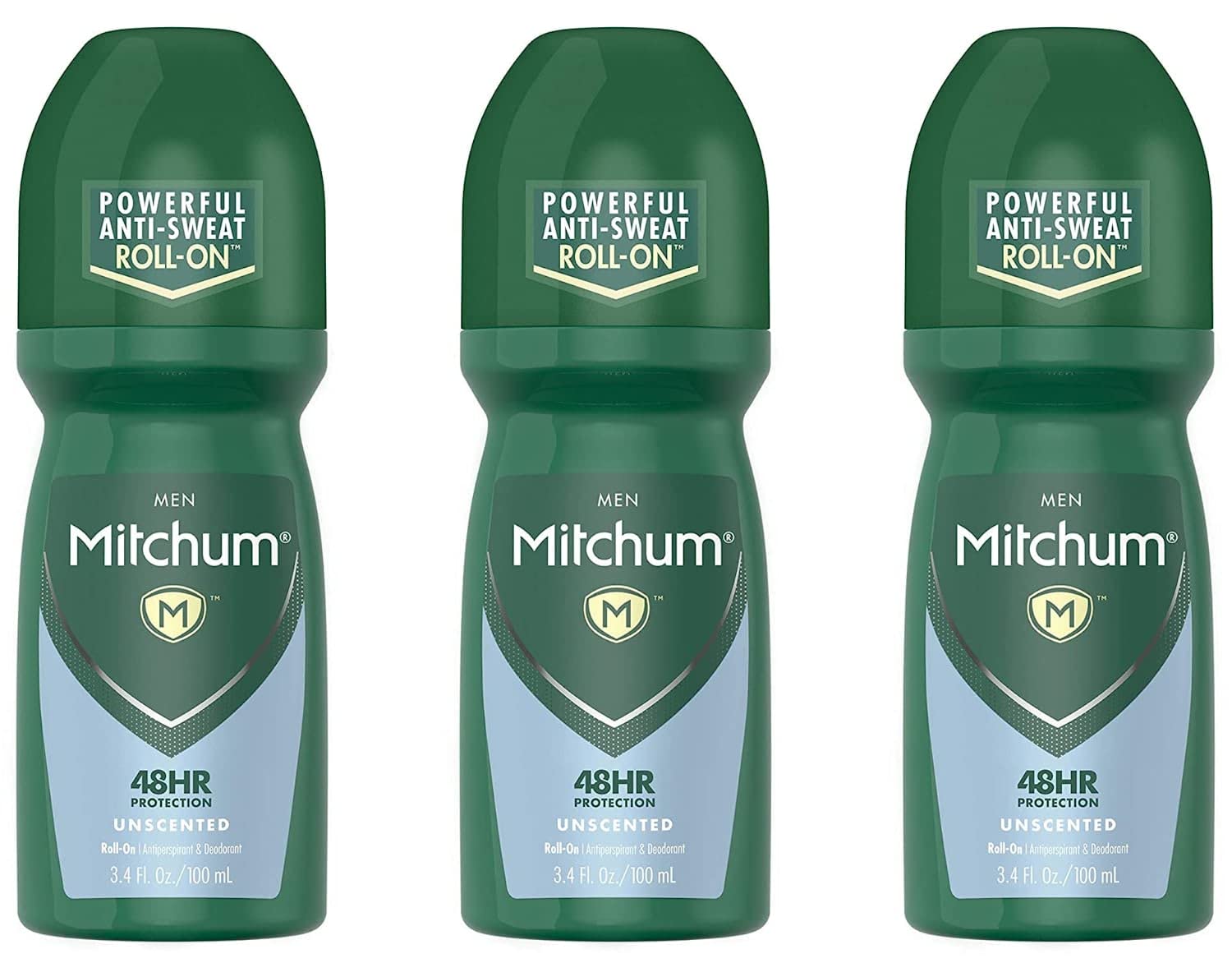 Mitchum Invisible Unscented Roll-On bottle on shelf for discreet protection.