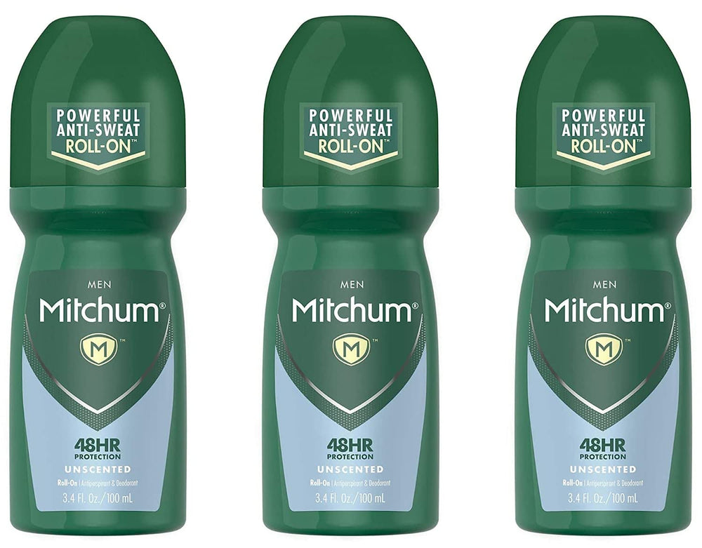Mitchum Invisible Unscented Roll-On bottle on shelf for discreet protection.