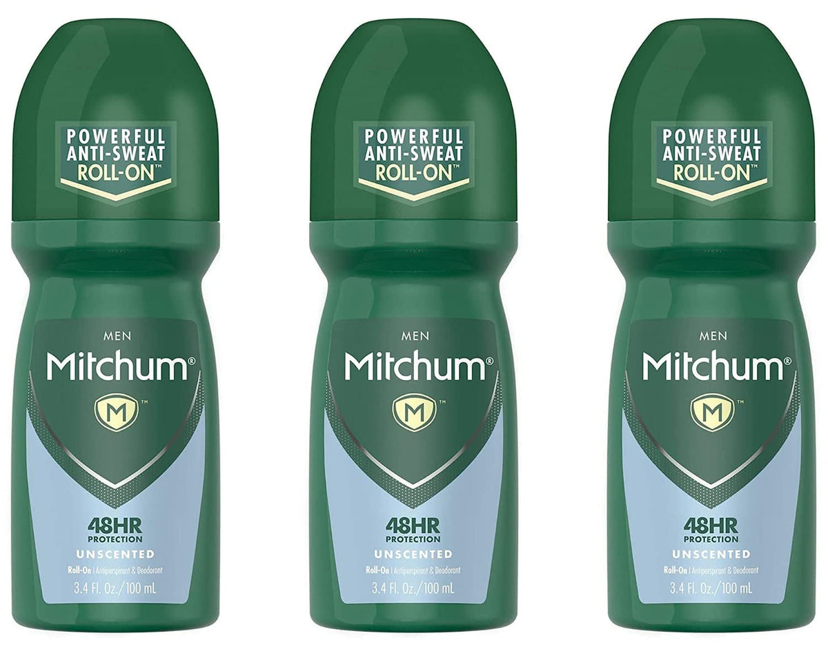 Mitchum Invisible Unscented Roll-On bottle on shelf for discreet protection.