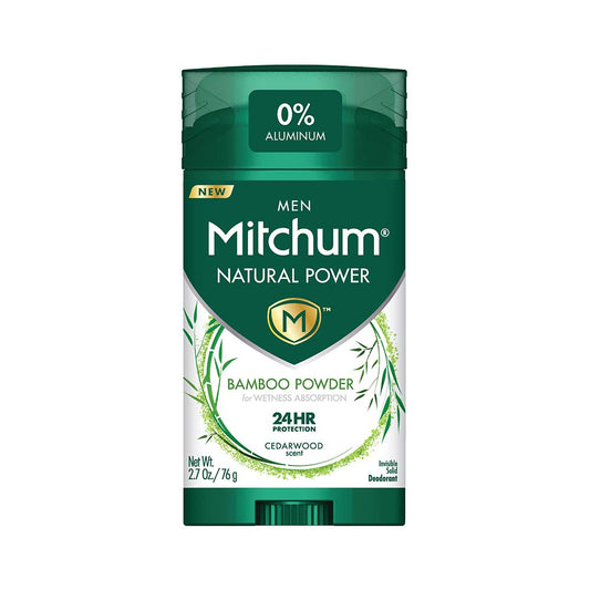 Mitchum Natural Power deodorant stick with bamboo powder and cedarwood scent for all-day freshness.