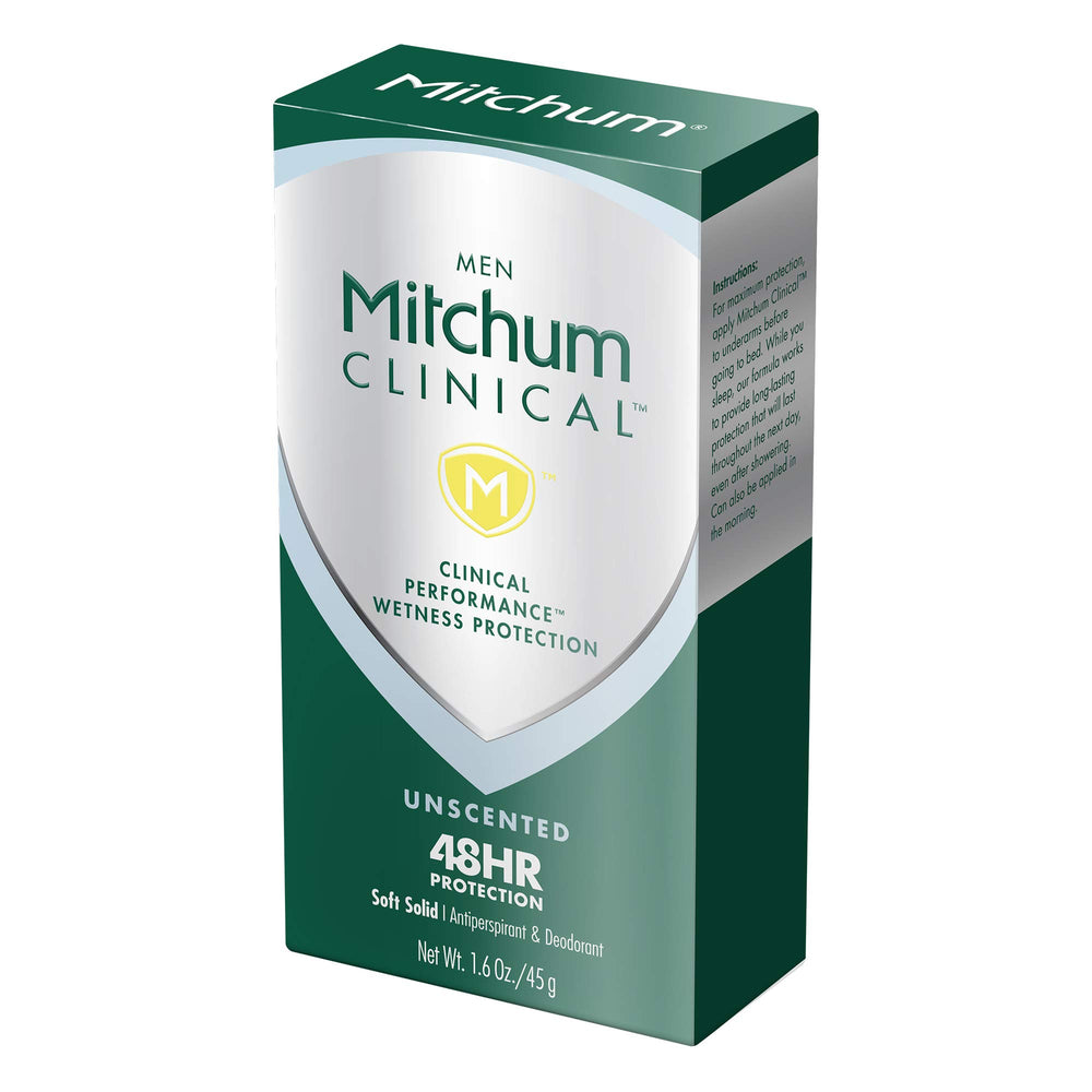 Front packaging of Mitchum unscented clinical deodorant