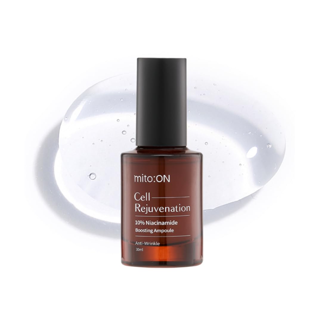 mito:ON cell rejuvenation serum bottle on display highlights the product branding and potential smoothing benefits.