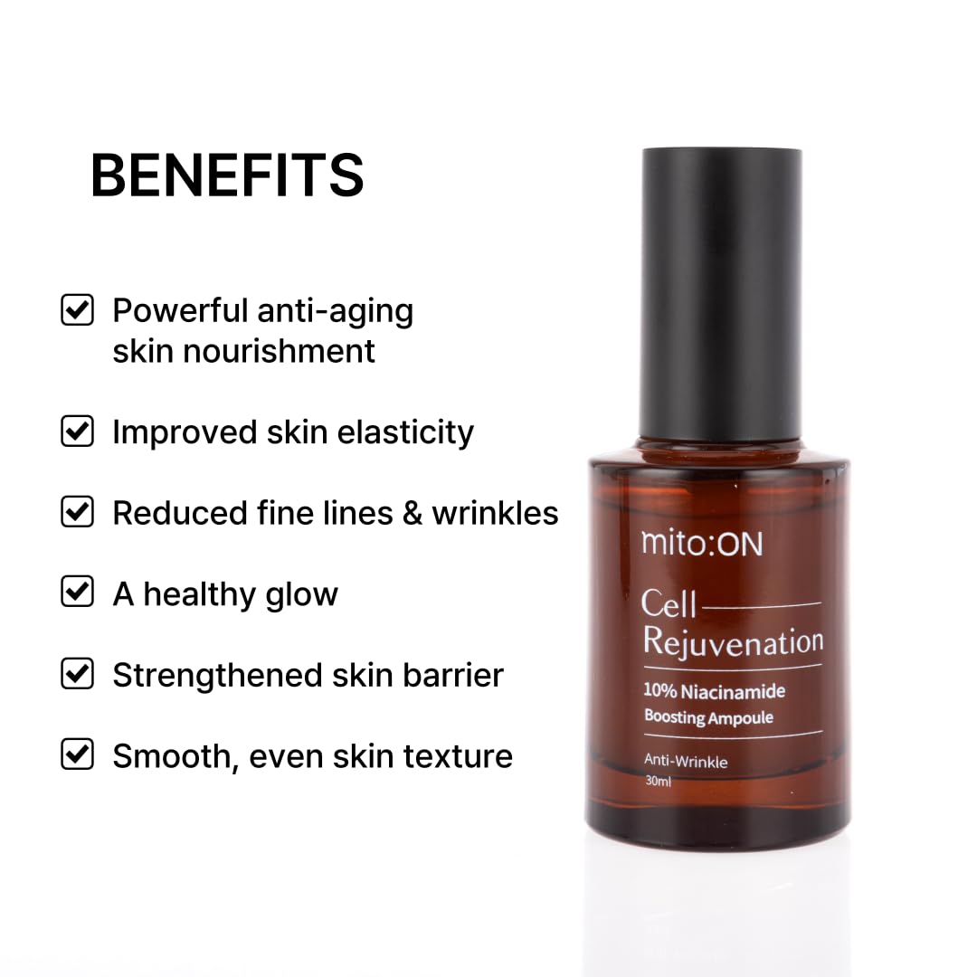mito:ON serum dropper close-up showing precise application for even skin tone.