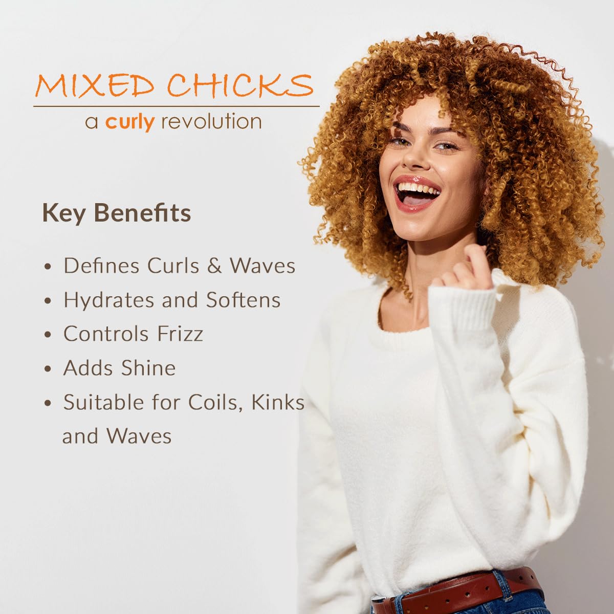 Six-oil blend beside the Mixed Chicks bottle for moisture and shine.