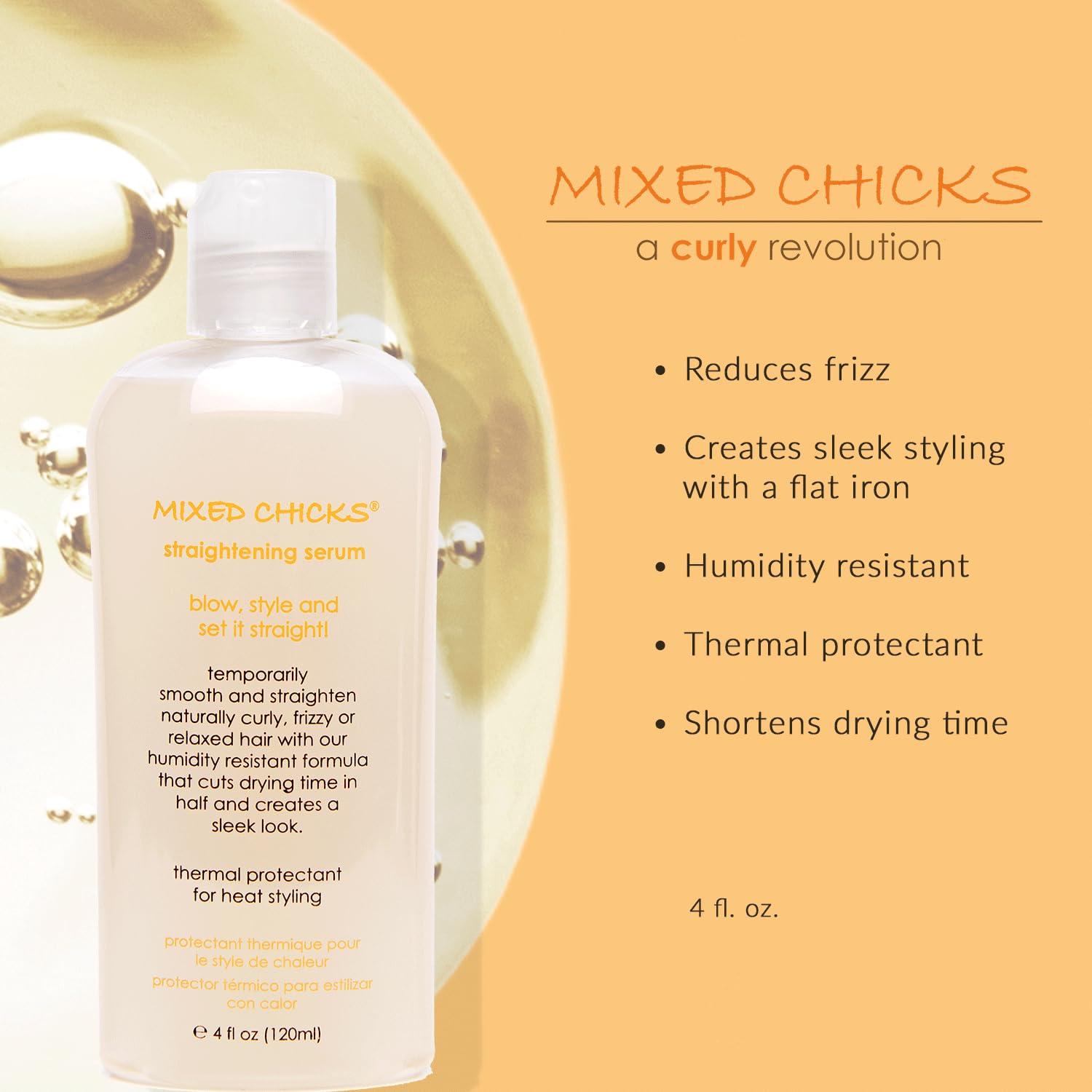 Mixed Chicks straightening serum label closeup showing ingredients and purpose