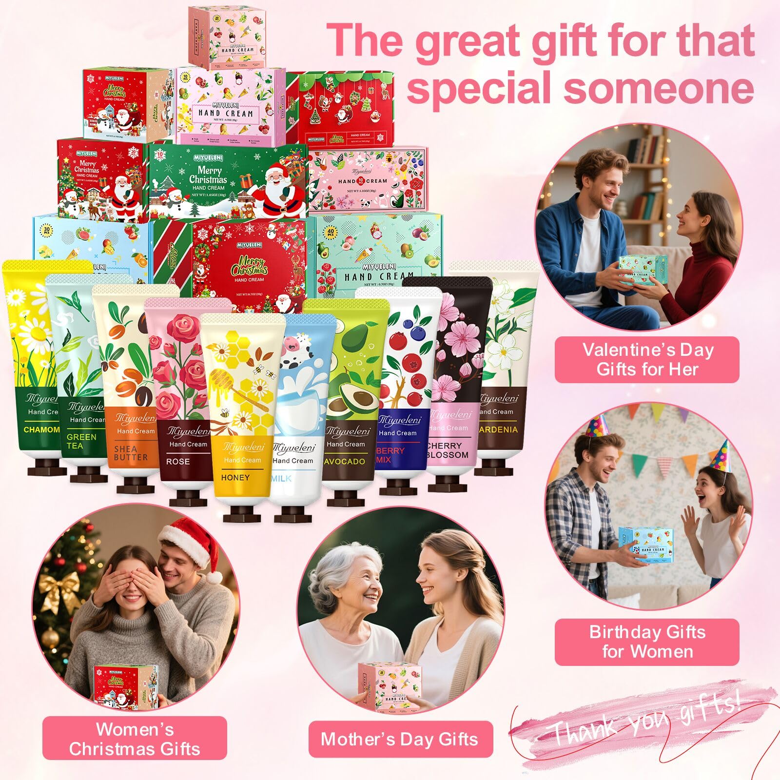 MIYUELENI peach vanilla hand cream set offers soothing hydration and pleasant fragrance.