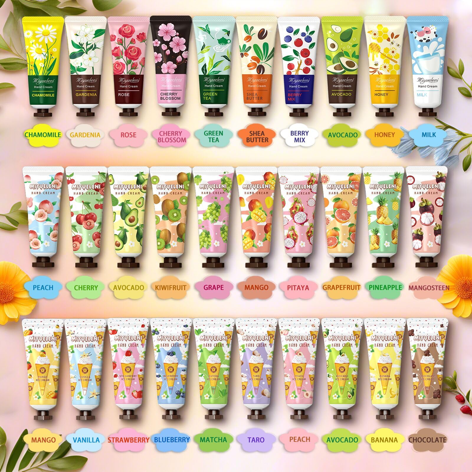 MIYUELENI travel-size hand creams are ideal for purses and on-the-go use.