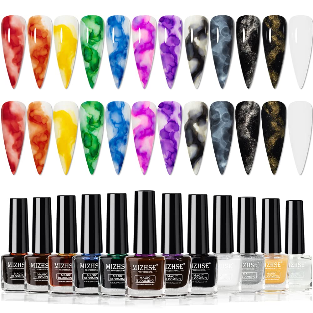 MIZHSE 12-piece marble nail polish kit swatches in gold, blue, and purple for chic nails.