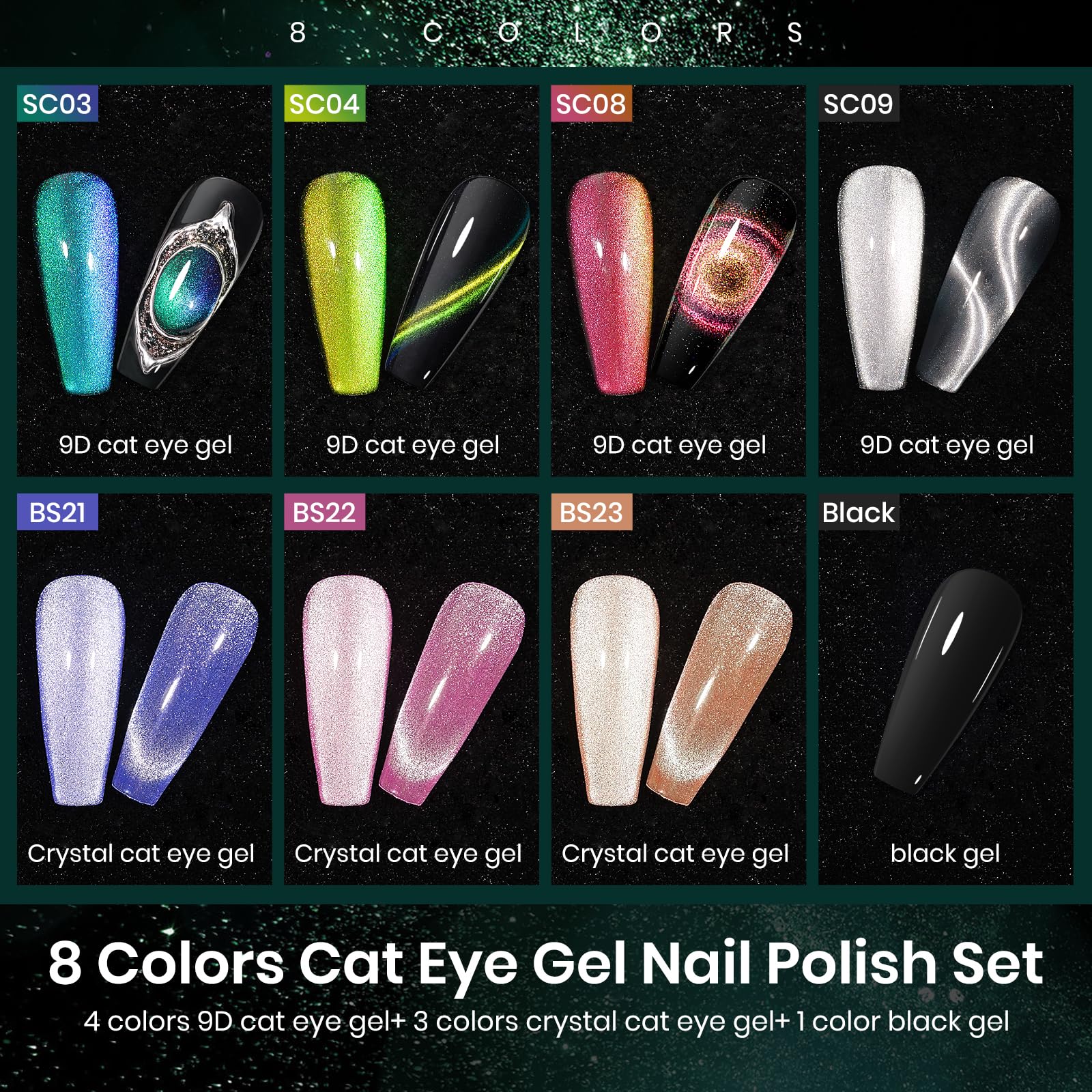 MIZHSE 9D cat-eye gel polishes with shimmering effect for dramatic nails