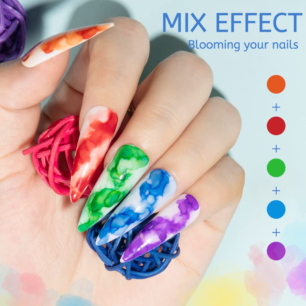 MIZHSE blooming marble ink swatch demonstrates watercolor bloom effect for salon-worthy manicures.