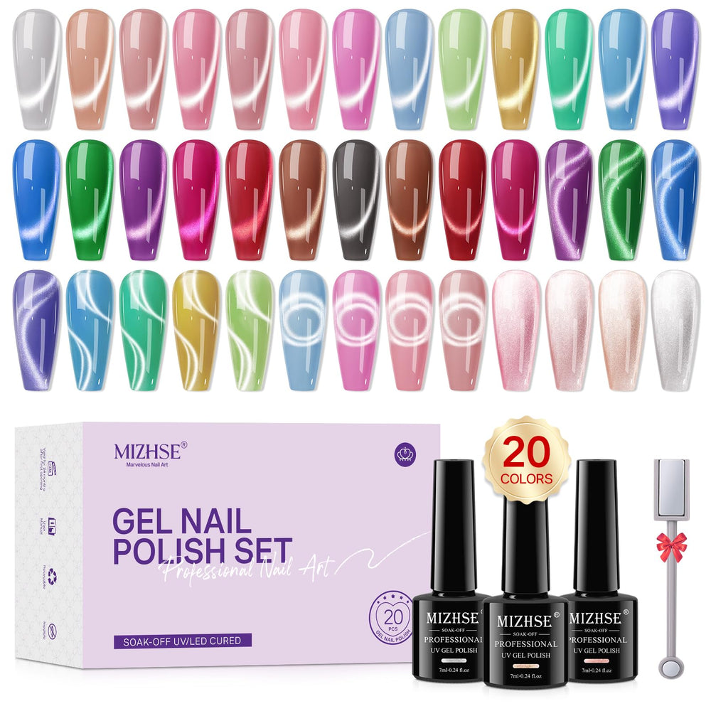 MIZHSE Cat Eye Gel Nail Polish kit shows magnetic depth for chic nails.