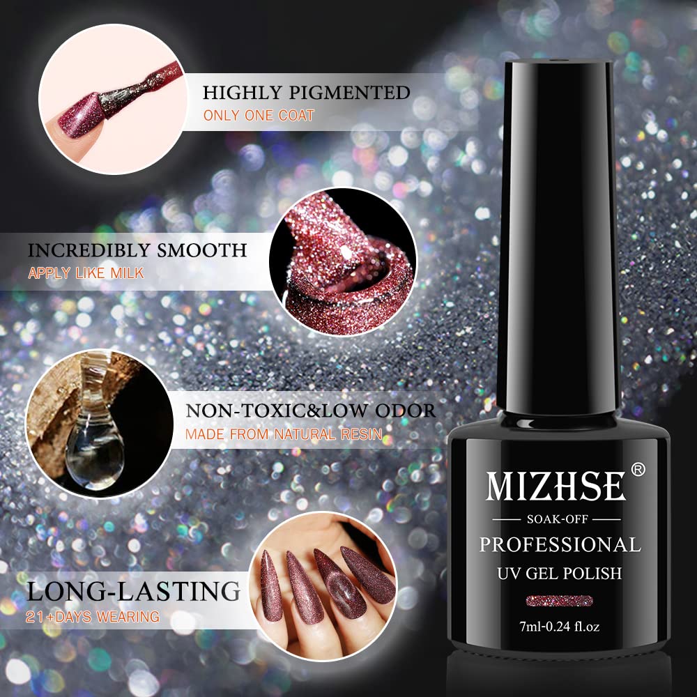 MIZHSE cat eye nail art on hand showcases dynamic glitter and magnetic effects.