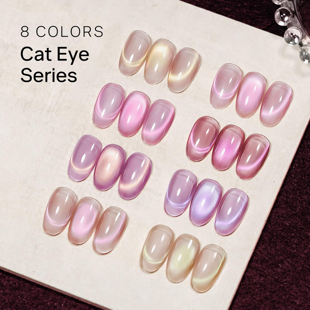 MIZHSE ceramics-effect pink cat eye polish highlights a luminous, light-responsive finish