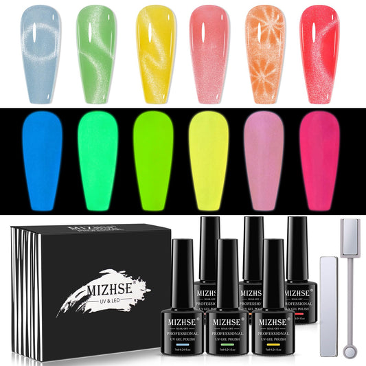 MIZHSE glow-green cat eye nail polish glows at night with vibrant shimmer.